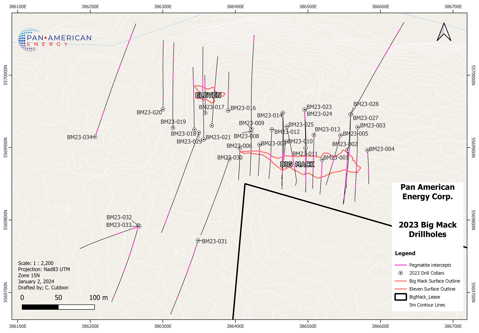 Figure 2: 2023 completed drill holes on the Big Mack and Eleven Zones showing pegmatite intercepts – assays pending (with the exception of BM23-001)